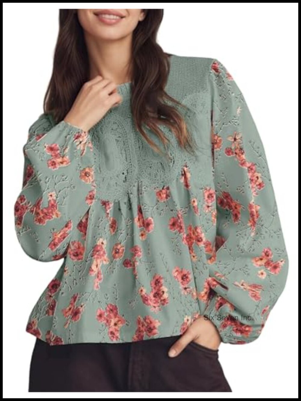Lace-Detail Flared Blouse Long Sleeve Crew Neck Pullover Mesh Swing Top